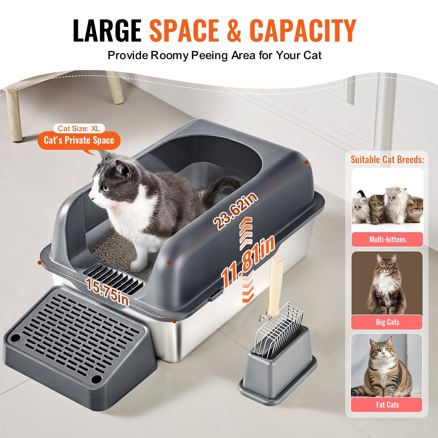 VEVOR 6 in Deep Cat Litter Box Odor-Free Litter Box with Filtering Foot Board