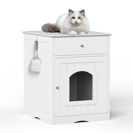 Wooden Pet House Cat Litter Box Enclosure with Drawer, Side Table, Indoor Pet Crate, Cat Home Nightstand