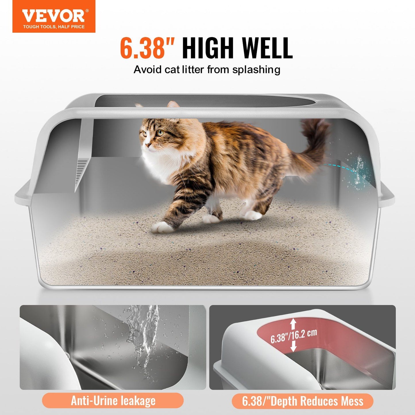 VEVOR 6 in Deep Cat Litter Box Odor-Free Litter Box with Filtering Foot Board