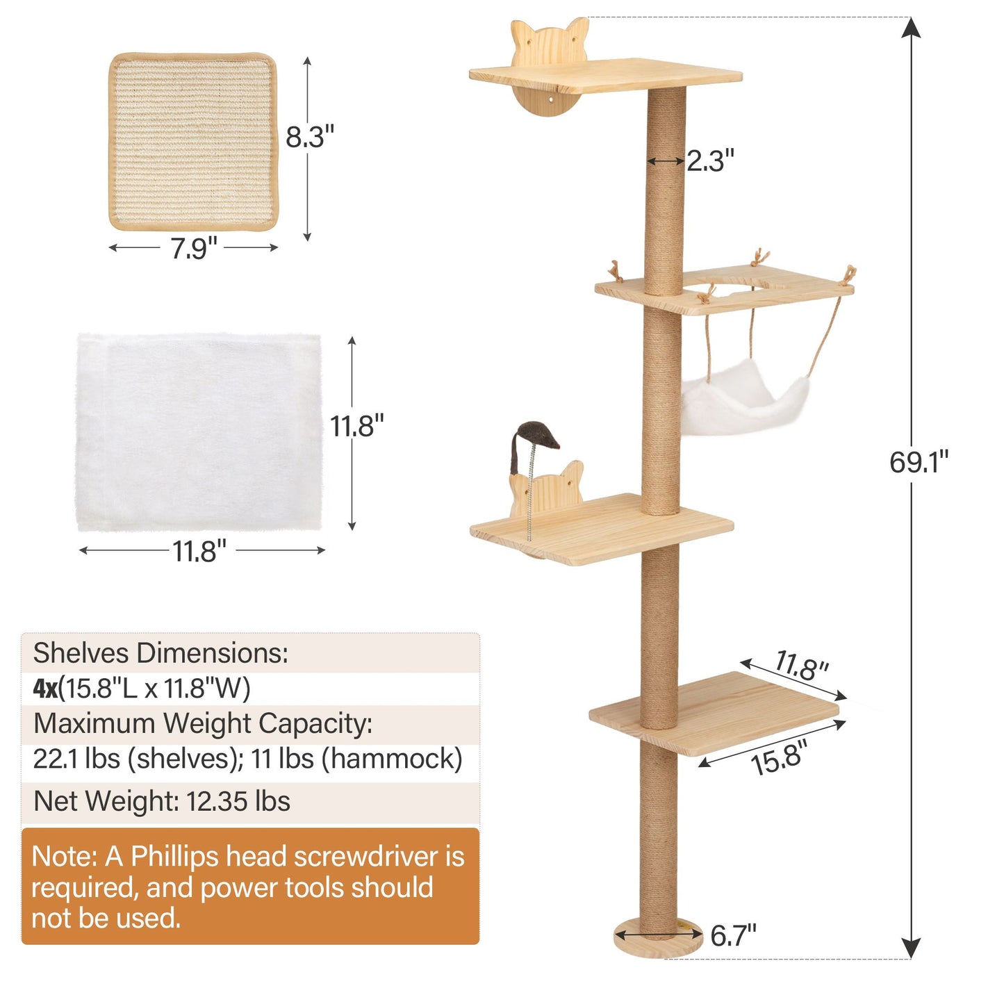 Wall-Mounted Cat Scratching Pad for Small to Large Cat, Indoor Wood Cat Tree with Hammock, Cat Scratcher Perch