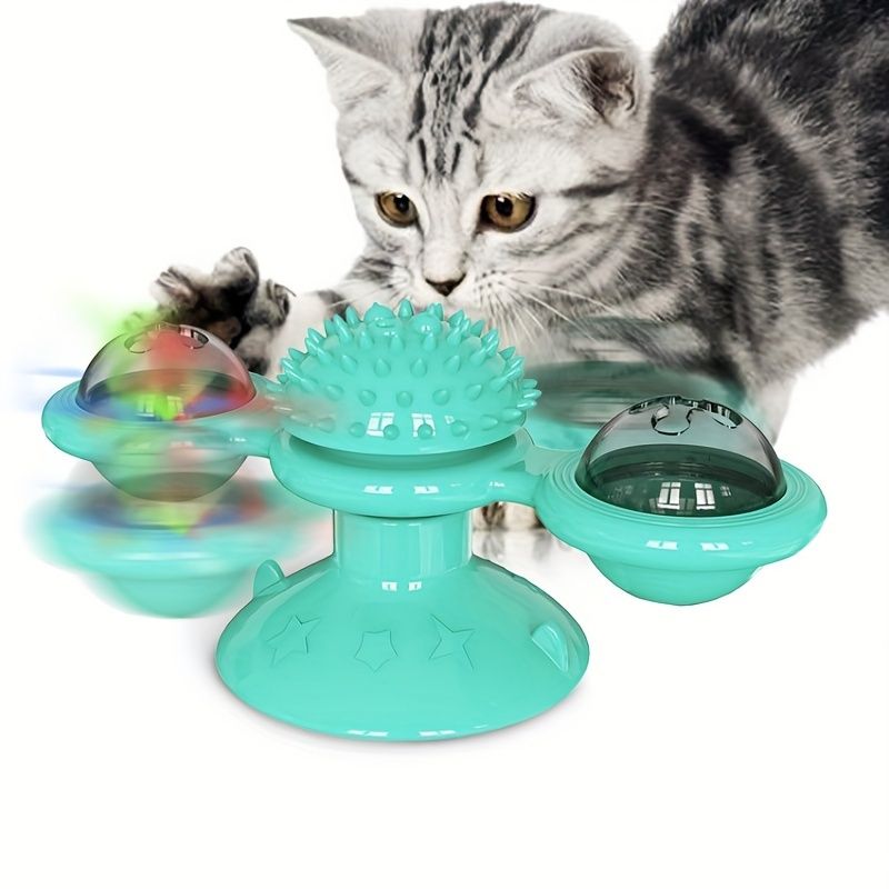 New Windmill Cat Toys Cute Rotating Interactive Cat Toy - Indoor Windmill Cat Toy With Suction Cup Catnip & Jagged Teeth Middle Ball, Smart Kitten Rotating Spinner Exercise Toy, Toothbrush & Massager